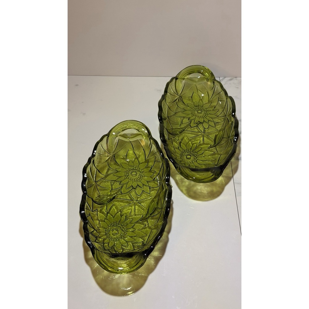 2 Avocado Green Serving  Glass Dish Sunflower Pattern Celery